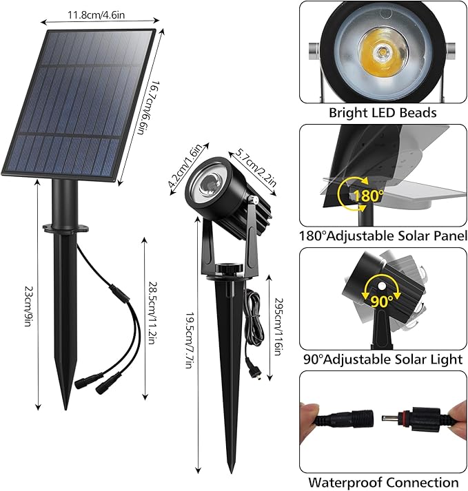 T-SUN Solar Spotlights 2W Outdoor LED Landscape Spot Light 2-in-1 Waterproof Solar Powered Wall Lights Auto ON/Off with Dual Headlamp for Garden Yard Pathway(Warm White)
