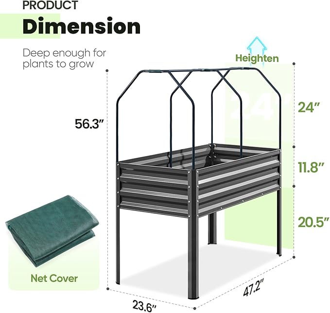 KING BIRD Large Raised Garden Bed with Netting Galvanized Elevated Planter Box with Legs 48×24×56 in for Backyard Patio Balcony 400lb Capacity Dark Grey