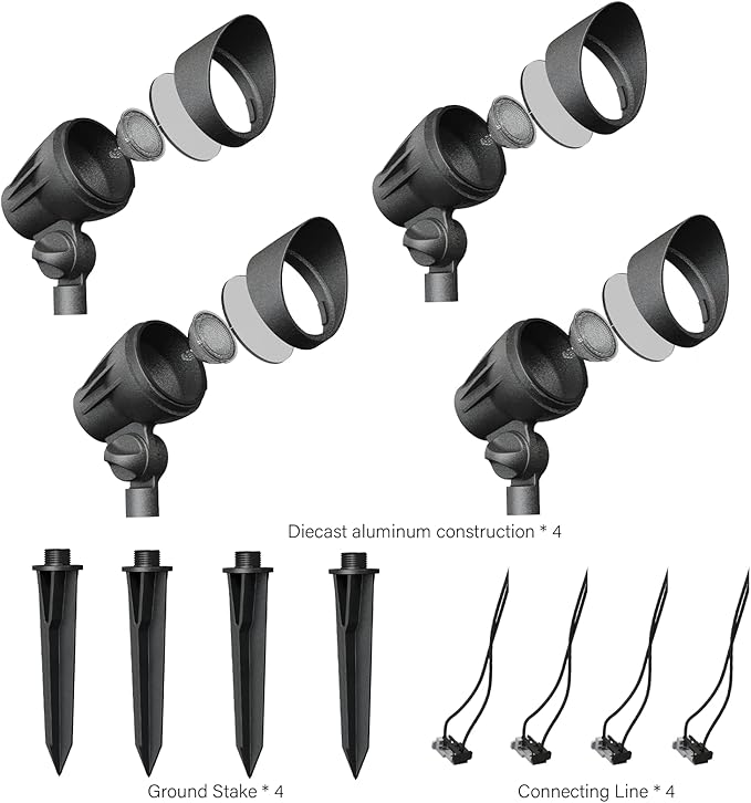VENUS MANUFACTURING 4 Pack Low Voltage Landscape Flood Light 5Watt LED Outdoor Landscape Lighting Kits 400 Lumen Black Waterproof Spotlights 12V 2700K Warm White Metal Tree Lights for Garden &amp Yar