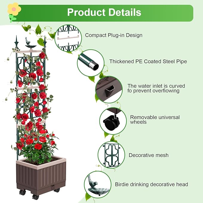 Raised Garden Bed Planter Boxes with Trellis61.4 Self-Watering Trellis with Planter Box for Climbing Plants Flowers Vegetables with WheelsUse for Indoor Outdoor
