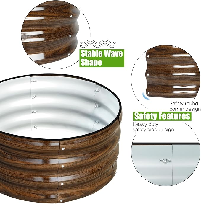 SnugNiture 2x2x1ft Round Galvanized Raised Garden Bed Kit Outdoor Metal Planter Box for Planting Plants Vegetables Brown