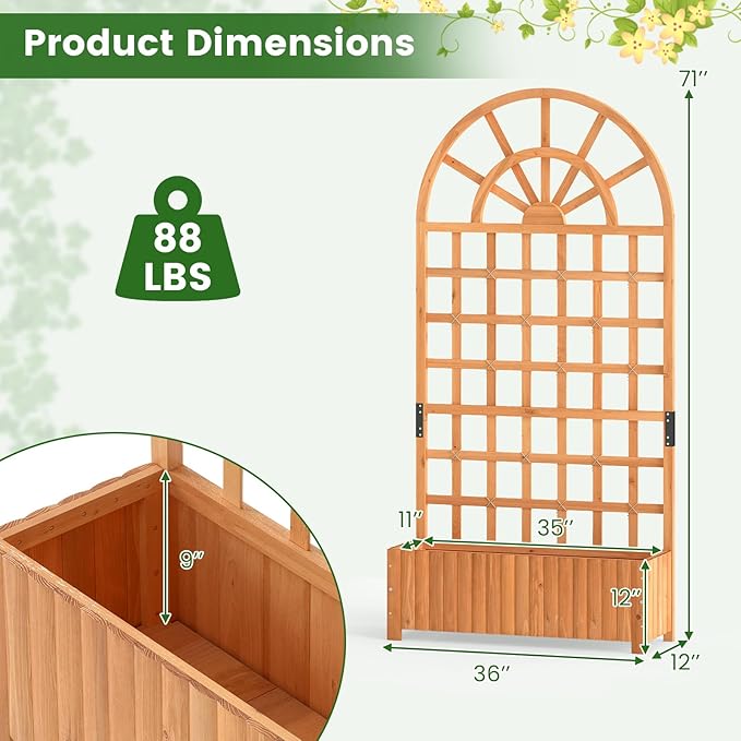 Giantex Wooden Raised Garden Bed with Arched Trellis 71” Fir Wood Outdoor Elevated Planter Box Privacy Screen with Drainage Holes Vertical Garden Bed for Climbing Plants Patio Balcony Backyard
