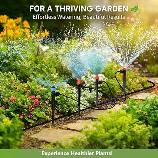 230FT Garden Irrigation System with 40 Nozzles &amp Emitters Automatic Watering System with 1/2 &amp 1/4 Tube and Barbed Fittings Garden Sprinkler for Raised Beds Greenhouse Lawn