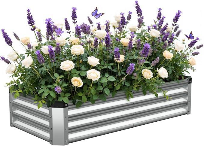 4x2x1 Ft 2Packs Metal Raised Garden Bed Rectangular Outdoor Garden Bed Planter Box for Vegetables Flowers and Herbs Color Coated Steel Raised Planter Bed Kit (Silver)