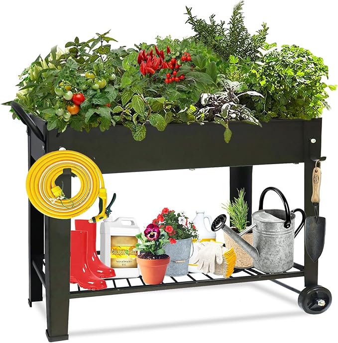 aboxoo Large Planter Raised Beds with Legs Outdoor Metal Planter Box on Wheels Elevated Garden Bed for Vegetables Flower Herb Patio (40 L x 11 W x 31.5 H)