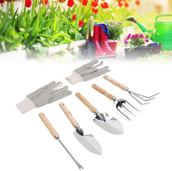 Garden Hand Tools Set Includes Heavy Duty Stainless Steel Shovel Trowel Puller Hand Fork Rake with Canvas Gloves Garden Weeder Fork with Wood Handles for Growing Vegetables