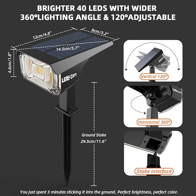 3 Brightness Modes Solar Outdoor Lights with Super Bright 40LEDs 360 Adjustable Lighting Angle USB Charging Longer Working Time Waterproof Patio Porch Driveway