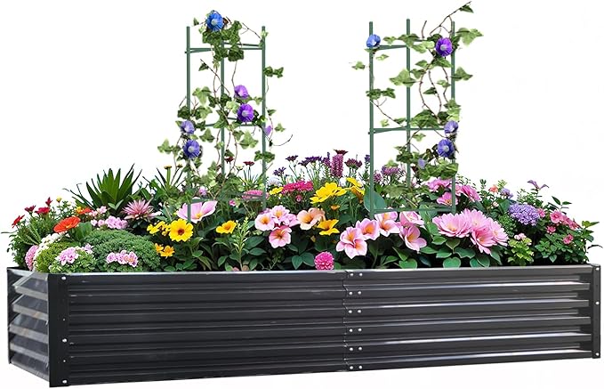 Metal Raised Garden Bed 8x4x1.5Ft Tall Outdoor Large Metal Galvanized Planter Boxes Kit for Vegetables Flowers and HerbsGarden Beds with 2Pcs Tomato Cage 1Pc GlovesBlack