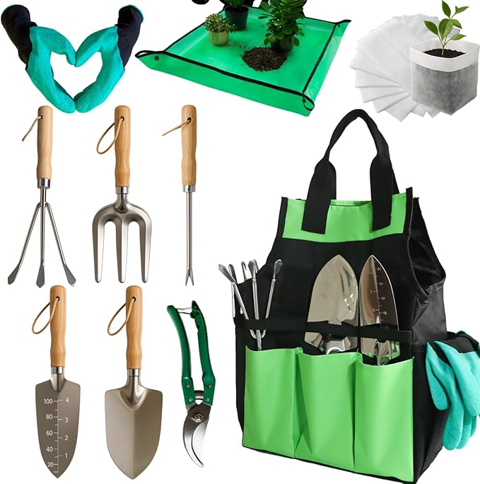 Garden Tools Set Stainless Steel Gardening Supplies Kit Gardening Kit Garden Hand Tools with Fashion and Durable Storage Bag Planting Tools Ideal Gifts for Women &amp Men (10 Pieces)