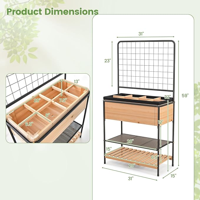 HAPPYGRILL Outdoor Raised Garden Bed 59” Wooden Elevated Planter Box w/Open Storage Shelves Removable Grid Divider Drain Holes &amp Black Liner Raised Garden Bed w/Legs &amp Trellis for Vegetabl