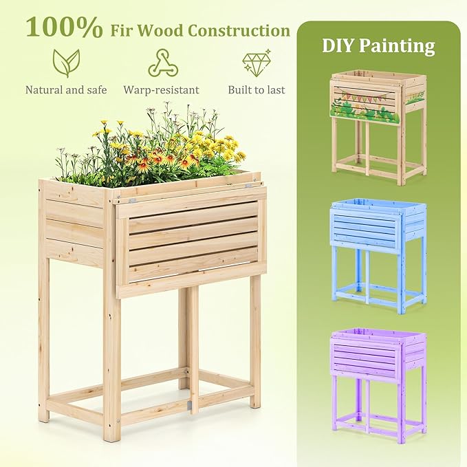 Giantex Wood Raised Garden Bed w/Folding Drop-Leaf Potting Table Planter Box for Flower Herb Vegetable Fruit Indoor Outdoor Elevated Raised Beds for Gardening Backyard Patio Balcony