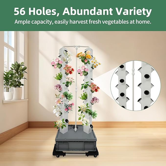 Hydroponics Growing System Tower 56 Holes Vertical Garden Indoor 64 Tall Plant Growing Tower with Wheels Soilless NFT Hydroponic Grow Kit with Water Pump &amp Timer for Vegetables Lettuce Herbs