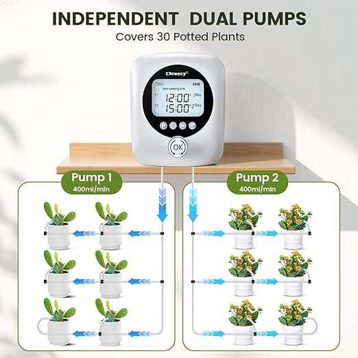 Automatic Plant Waterer for 30 Potted Plants - 98FT Dual Pumps Automatic Watering System Vacation Self Watering Drip Irrigation System &amp Plant Watering Device with Programmable Water Timer