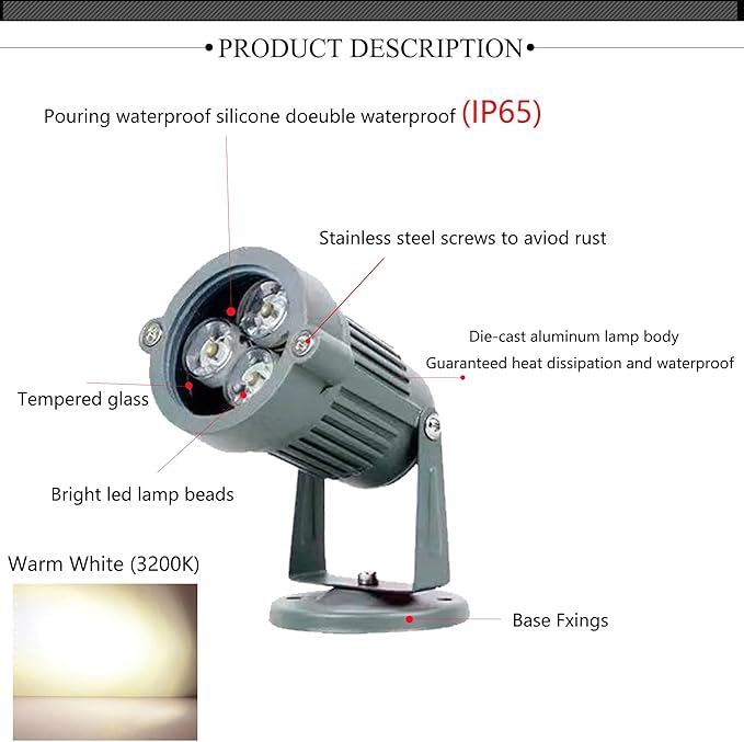Kiven Outdoor Landscape Yard Floodlight LED Lighting 3W Waterproof IP65 Graden Lights COB Led Spotlights for Signboard Lighting Wall Light、Lawn Decorative Lamp Plug-In Ground Lights （3200K）