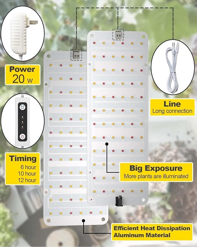 Grow Light 2-Pack 20W Ultra-Thin LED Grow Lights for Indoor Plants Full Spectrum 6/10/12H Timer Plant Light 132 LEDs Under Cabinet Plant Growing Lamp Strip for Seedlings Veg Flower
