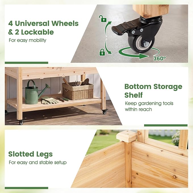 COSTWAY Wooden Raised Garden Bed with Trellis Mobile Elevated Planter on Wheels 285 lbs Capacity with Liner &amp Drainage Holes Freestanding Outdoor Box for Climbing Plants Vegetables &amp Herb