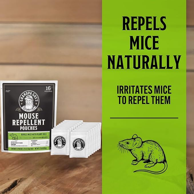 Grandpa Gus's Natural Mouse Repellent Pouches Cinnamon/Peppermint Oils Repel Mice from Nesting in Home/Cabin/Boat/Car Storage/RV/Machinery/Shed (16 Pouches)