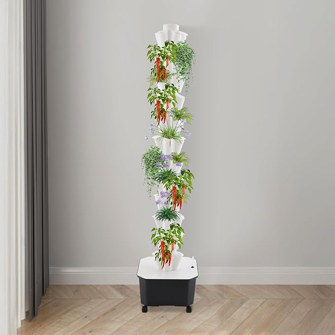 12-Tier 60-Hole Indoor Hydroponic Grow Tower Vertical Garden System with 6.6Gal Tank &amp Water Pump Self-Watering for Herbs Lettuce Strawberries Space Saving Indoor Gardening for Home Apartmen