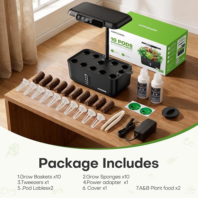 Ahopegarden Hydroponics Growing System Herb Garden: 10 Pods Indoor Garden Kit with LED Grow Light and Smart Temp &amp Humidity Display - Plant Germination Kit for Home Kitchen