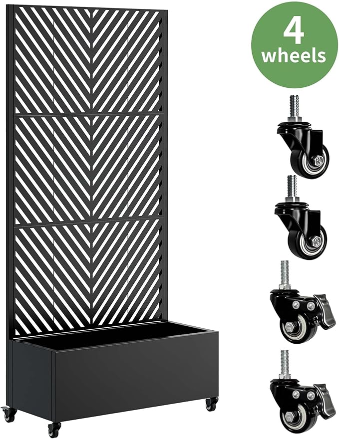 Metal Planter Box with Trellis &amp Wheels Outdoor Privacy Planters for Patio Mobile Raised Garden Bed with Trellis for Climbing Plants Balcony &amp Backyard (Black 6)