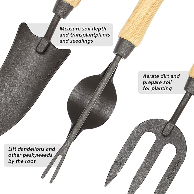 Japanese Gardening Tools Set 6 Pcs Garden Tools Set Black Painted Stainless Steel Heavy Duty Gardening Tools Kit Hand Trowel Dibble Hand Rake Weeder Transplanter and Hand Folk…
