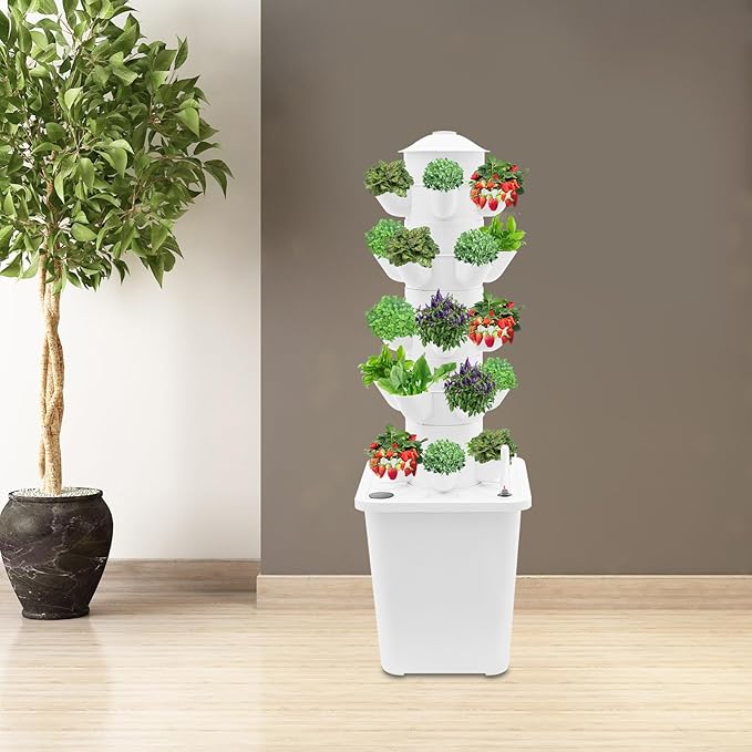 25 Holes Hydroponics Growing System Kit Herb Garden Planter Indoor Kit with 2.64gal Water Tank Outdoor/Indoor Gardening System Hydroponic Tower for Home Kitchen Office (White Water Tank)