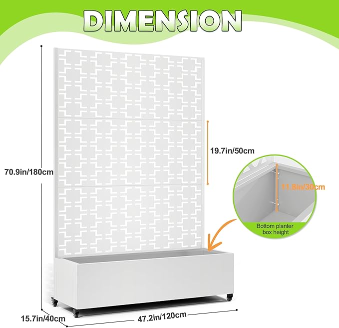 15.7×70.9×47.2 Metal Raised Garden Bed with Trellis and Wheels - Tall Trellis Planter Box for Climbing Plants Vegetables &amp Vines - Outdoor Privacy Planters for Patio (White-Square)