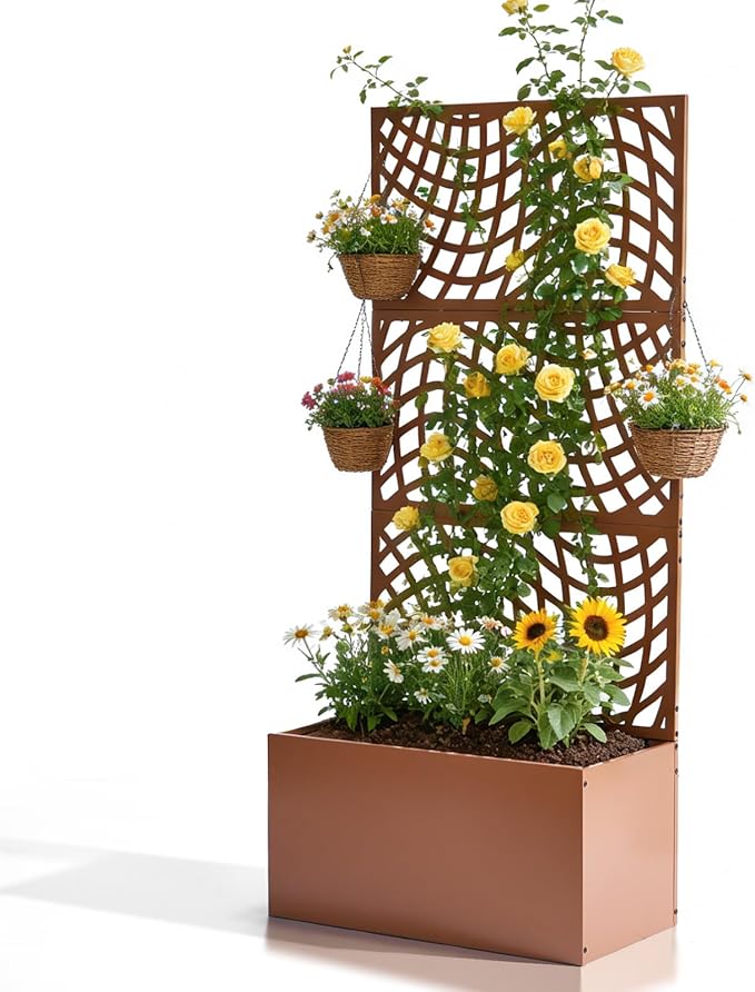 Outvita Metal Planter Box with Trellis 71’’ x 32’’ x 16’’ Raised Garden Bed with Drainage Holes for Climbing Plants Vegetables Vines Wavy Grid Cutout Privacy Planters for Patio (Brown)
