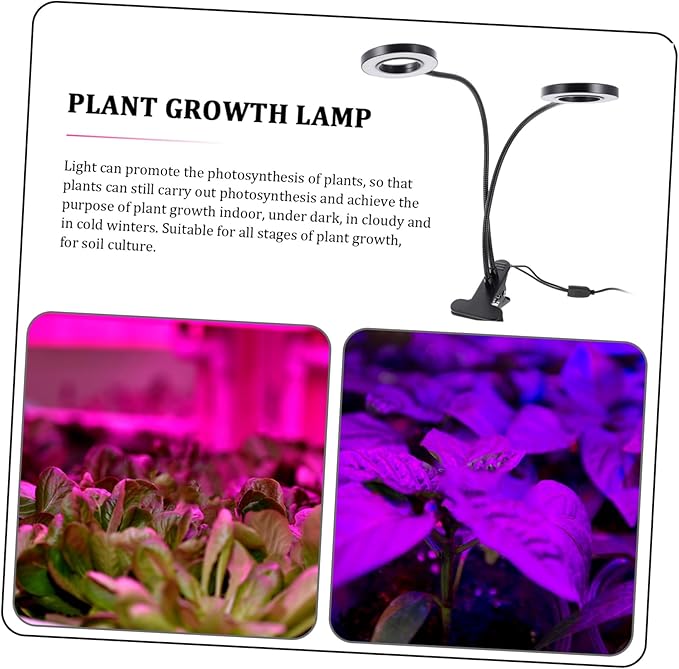 LED Grow Light Clip for Indoor Plants Adjustable Dual-Head Timer 5V Dimmable Plant Growth Lamp for Greenhouse Use