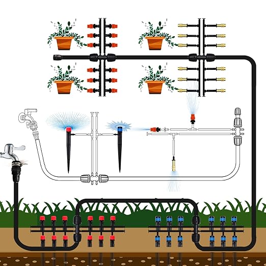 Drip Irrigation Kit MUCIAKIE 233FT Irrigation System Automatic Patio Misting Plant Garden Watering System with 1/4 inch 1/2 inch Black Distribution Tubing Hose Adjustable Nozzle Emitters Sprinkler