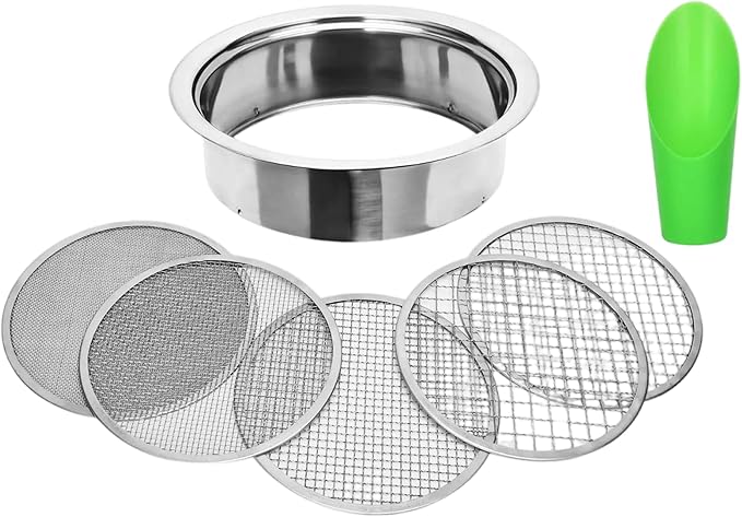 5Pcs Soil Sifter for Gardening Stainless Steel Soil Sifter Set with 5 Filter Mesh Sizes 1 3 6 9 12mm and Bonsai Scoops Gardening Tool