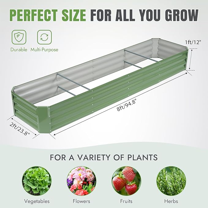 INNO STAGE 8×2×1ft Galvanized Raised Garden Bed Kit Galvanized Planter Raised Garden Boxes Outdoor Large Metal Raised Garden Beds for Vegetables Flowers Herbs and Succulents OliverGreen