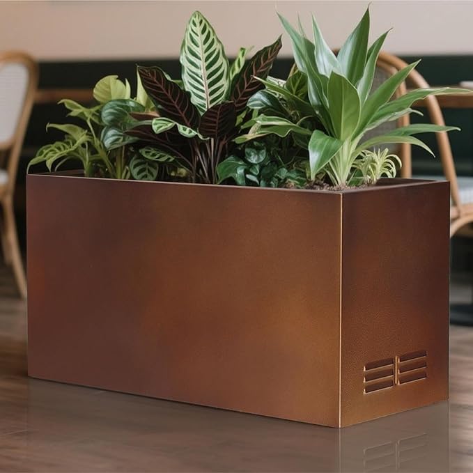 Worth Metal Planter Box with Insert Plate &amp Drain Holes Indoor or Outdoor Use No Assembly Required 30 x 11 x 13 14.3 Gallons Matte Bronze
