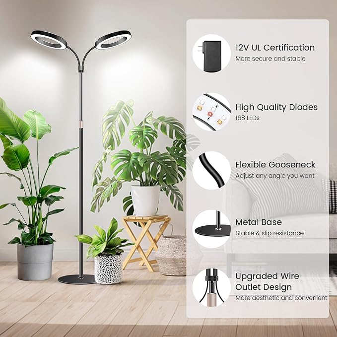 Garpsen Halo Grow Lights Dual-Head Full Spectrum LED Plant Lights for Indoor Growing with Stand 3 Color Modes Grow Lamp with Timer 6/12/16H 5 Dimmable Levels 168 LEDs and 67''Height Adjustable