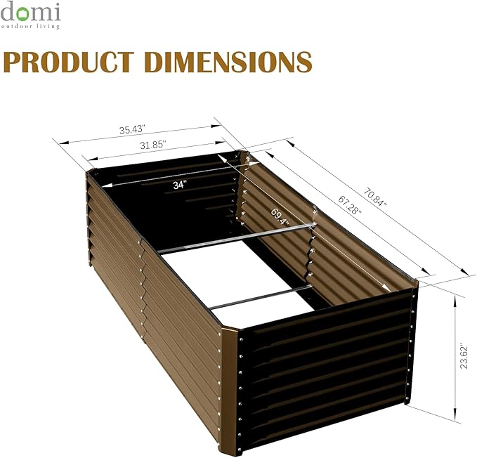 Domi 6x3x2ft Metal Raised Garden Beds Outdoor Thickened Galvanized Steel Deep Root Planter Box with Stabilizing Bars &amp Rubber Edging for Vegetables Flowers Herbs - Brown