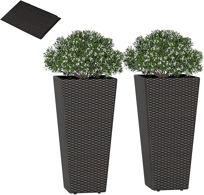 HAPPYGRILL 30 Tall Plant Pot Set of 2 Modern Decorative Flower Pots w/Open-Ended Base PE Rattan Frame Non-Woven Soil Bag Square Textured Flower Pots for Outdoor Garden Patio Front Porch