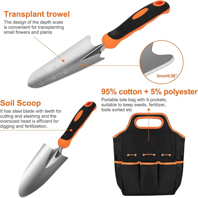 Gardening Tool Set CHRYZTAL Stainless Steel Heavy Duty Gardening Tool Set with Non-Slip Rubber Grip Storage Tote Bag Outdoor Hand Tools Ideal Gardening Gifts for Women