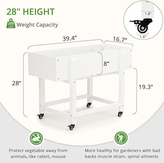 LUE BONA Raised Garden Bed with Wheels 39.4 * 16.7 * 28 in Poly Elevated Outdoor Planter Box with Tools Weather Resistant Standing Growing Bed Herb Planter for Vegetable Flowers Fruits