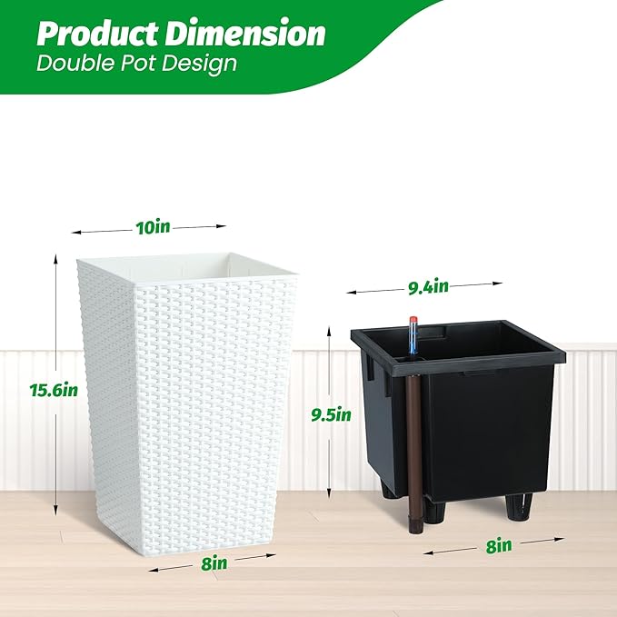 IDEALHOUSE 16 in Self-Watering Planters Set of 2 Tall Rattan Indoor Outdoor Planter Pots with Water Level Monitor Drainage Holes &amp Inner Bucket for Home Patio Balcony White