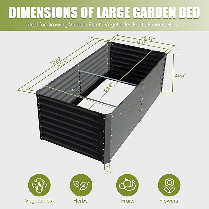 6x3x2ft Galvanized Raised Garden Bed – Large Metal Planter Box for Vegetables Fruits Flowers Rust-Resistant Outdoor Planter with Open Base Sturdy Support Rods Thickened Safety Edge Gray
