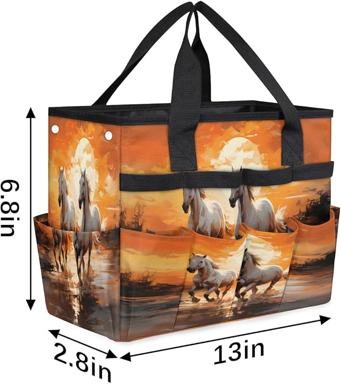 Sunset Horse Garden Tool Bag for Women Men Garden Storage Tote Bag with 10 Pockets &amp Handle Gardening Tool Organizer for Garden Patio Indoor Outdoor