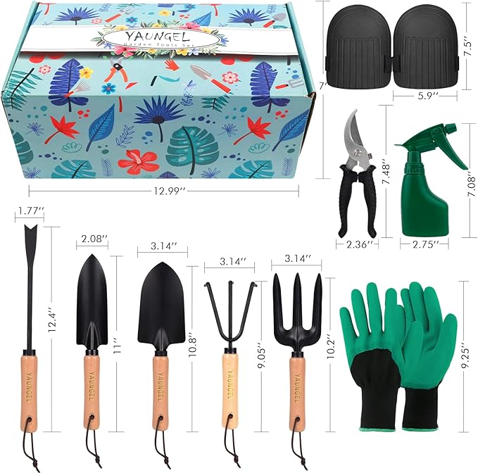 YAUNGEL Garden Tools - 10Pcs Garden Tool Set Heavy Duty Stainless Steel Gardening Supplies Hand Tools with Wooden Handle Storage Tote Bag Ideal Gardening Gifts for Women and Men Black