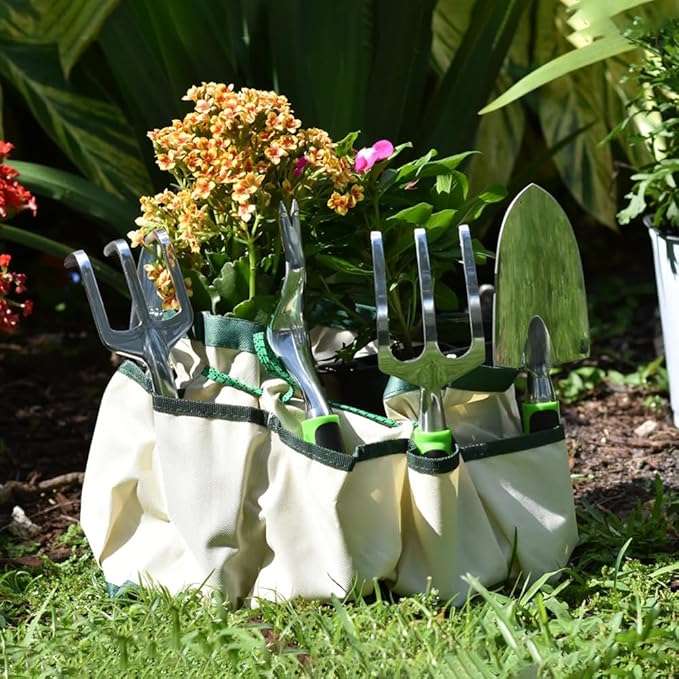 FAMILY'S BACKYARD Garden Tools for Women7 Piece Gardening Tool Set Aluminum Alloy Hand Tool Starter Kit with Garden BagGardening Gifts for Women and Man.