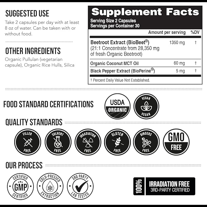BioBeet® Max Strength Beet Root Capsules - 21:1 Concentrate Each Serving Derived from 28350 mg Organic Beetroot - Absorption Enhancement with BioPerine® Black Pepper Extract (60 Capsules)