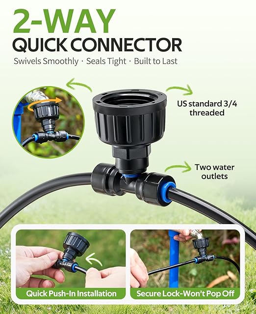 HIRALIY 100FT Pressure Compensated Drip Irrigation System with Timer No-Leak Quick Connect Automatic Watering System 24 Adjustable Emitters for Uniform Flow Garden Patio Raised Bed