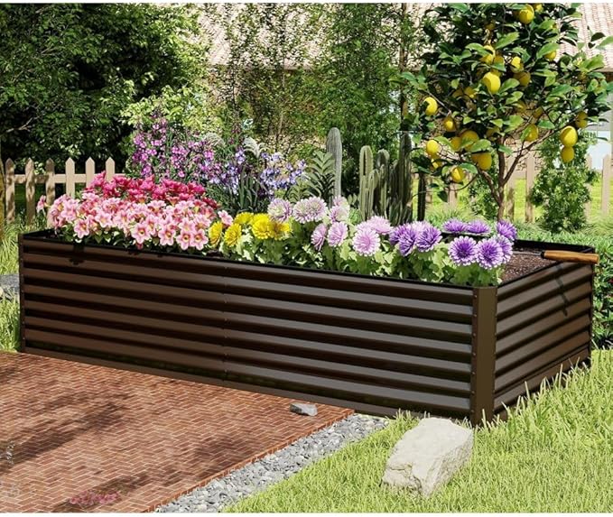 Heavy-Duty Galvanized Steel Raised Garden Bed for Outdoor Vegetable Fruit and Flower Planting – Rust-Resistant Metal Planter Box (Brown - 8x4x2 ft)