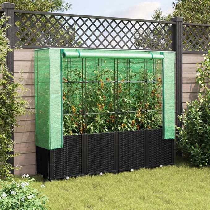 Raised Garden Bed Black Polypropylene Rattan Look Finish 63.0 x 15.7 inch Large Planter Box for Outdoor Plants Gardening