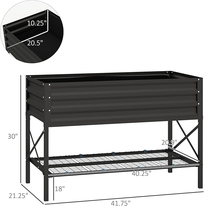 Outsunny Raised Garden Bed with Galvanized Steel Frame Storage Shelf and Bed Liner Elevated Planter Box with Legs for Vegetables Flowers Herbs Black