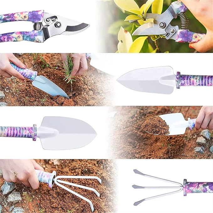 10 PCS Garden Hand Tools Set Planting KitGarden Work Tool with Carrying Case Gardening Tools with Water Proof and Never Mould ToteHandle Rake Weeder Trimmer Scissors Garden Hand Tool Belt Suitcase