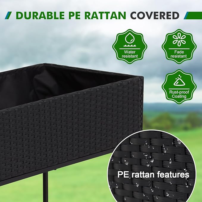 Kinpaw Rattan Raised Garden Bed with Liner- Planter Box with Underneath Tool Storage Rack Elevated Planting Containers with Legs Handmade Wicker Plants Pot Holder for Herbs Vegetables Flowers